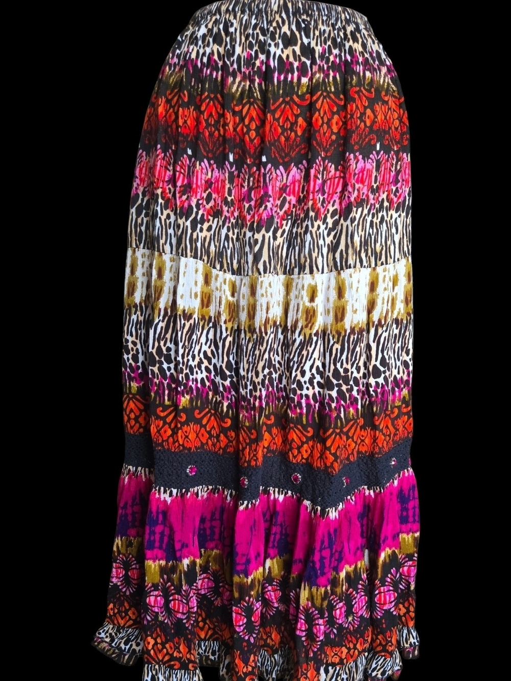 Forbidden Vibrant Floral & Animal Print Tiered Maxi Skirt Sz M